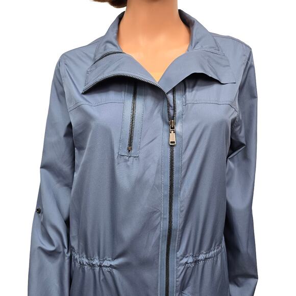 Elie Tahari Long Windbreaker Rain Coat Size M Full Zip Pockets Fishtail hem Blue - Picture 7 of 13